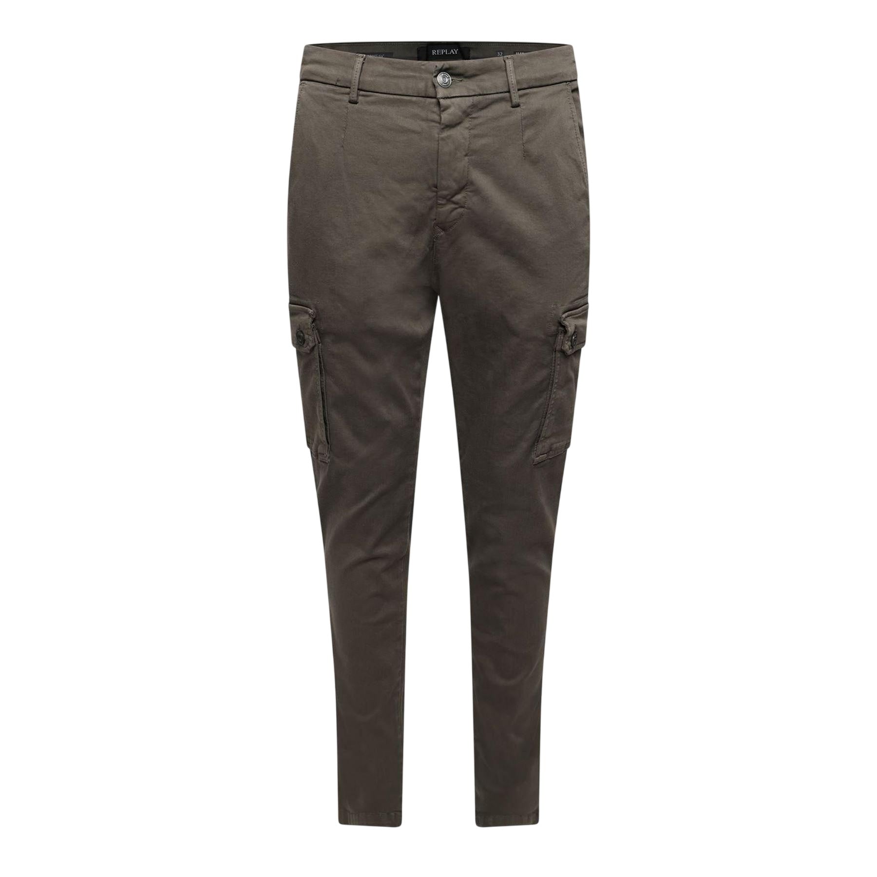Green - Front - Replay Mens Cotton Denim Slim Cargo Trousers