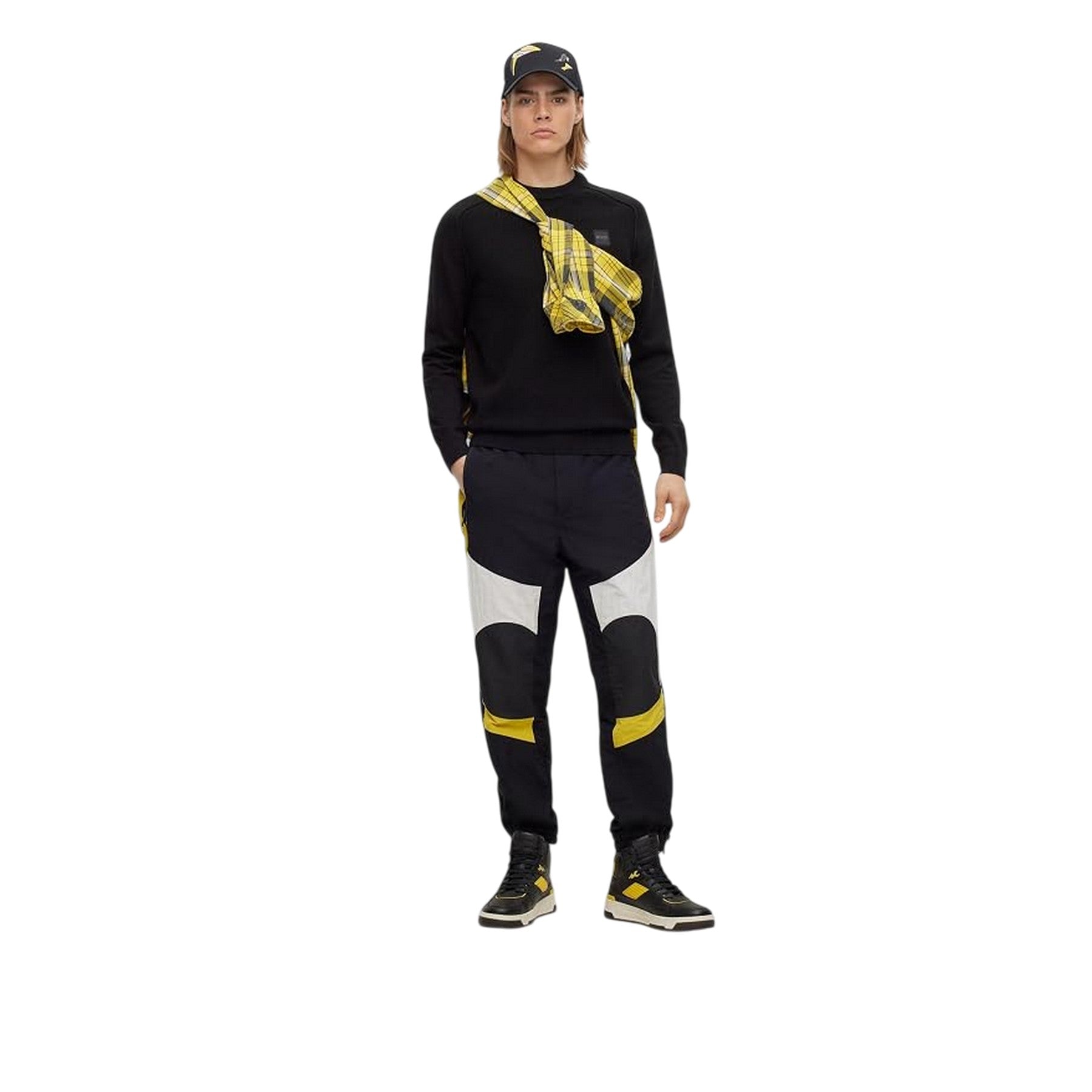 Black-Yellow - Side - Boss Mens Srack Straight Trousers