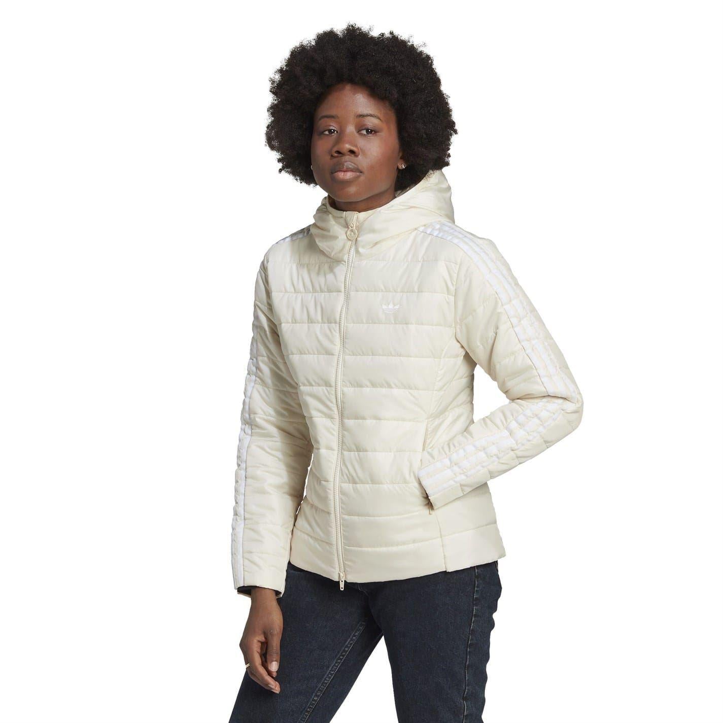 White - Lifestyle - Adidas Womens-Ladies Originals 3 Stripes Lightweight Slim Puffer Jacket