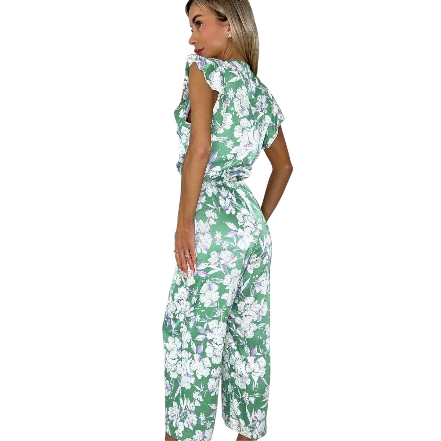 Green - Back - AX Paris Womens-Ladies Floral Belted Frill Jumpsuit