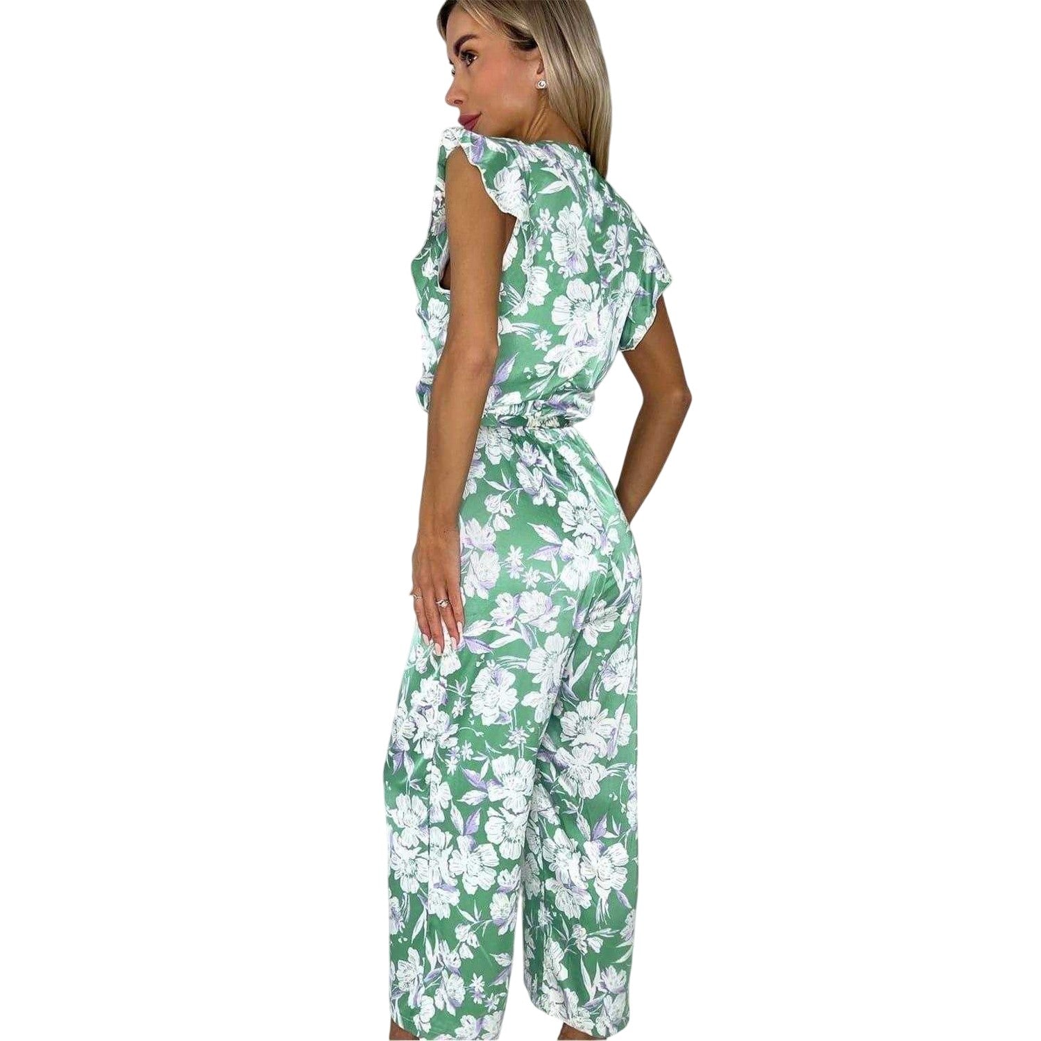 Green - Back - AX Paris Womens-Ladies Floral Belted Frill Jumpsuit