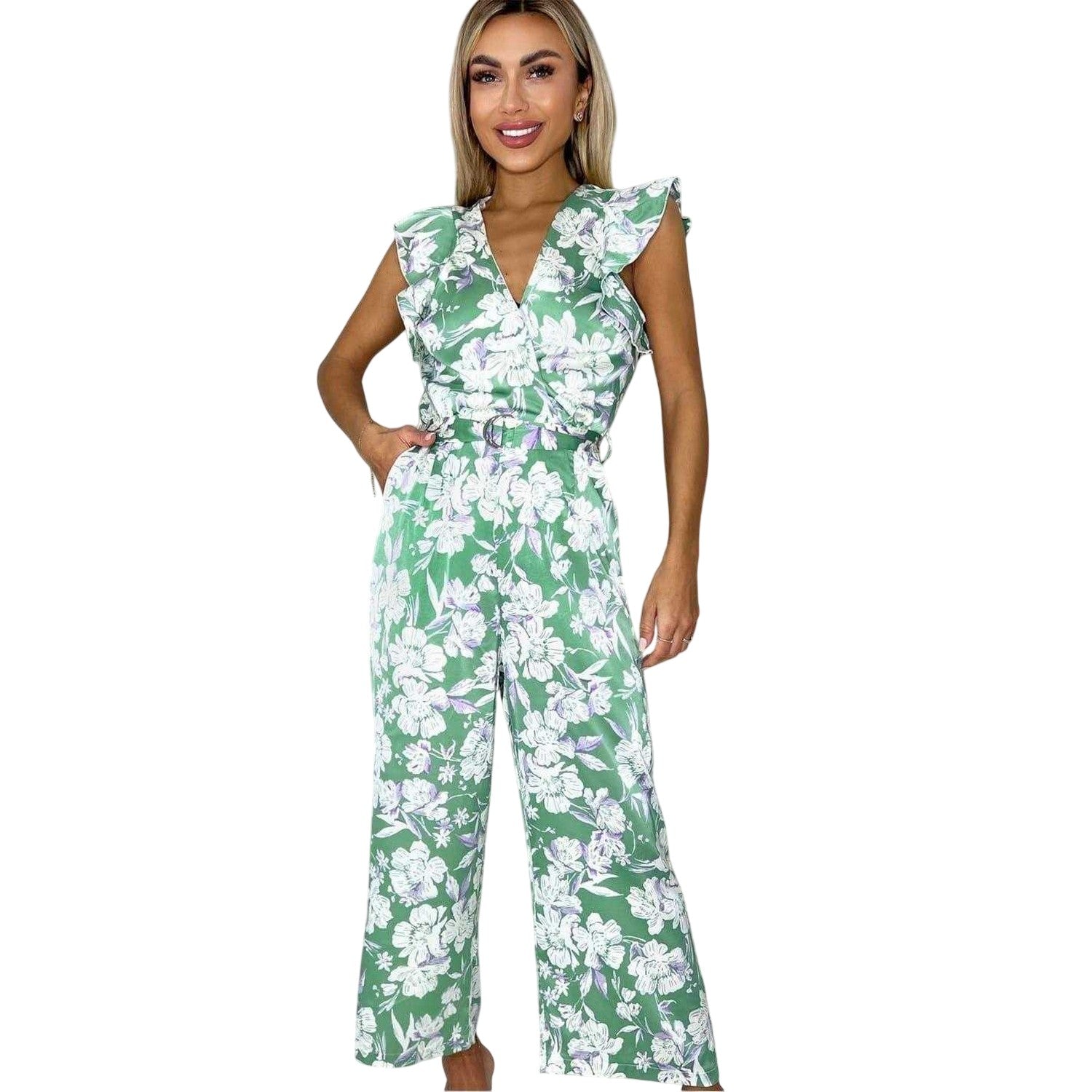 Green - Side - AX Paris Womens-Ladies Floral Belted Frill Jumpsuit