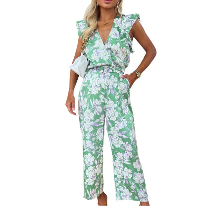 Green - Front - AX Paris Womens-Ladies Floral Belted Frill Jumpsuit