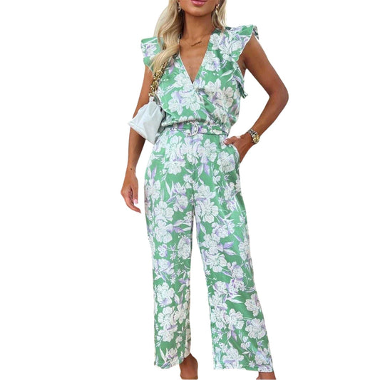 Green - Front - AX Paris Womens-Ladies Floral Belted Frill Jumpsuit