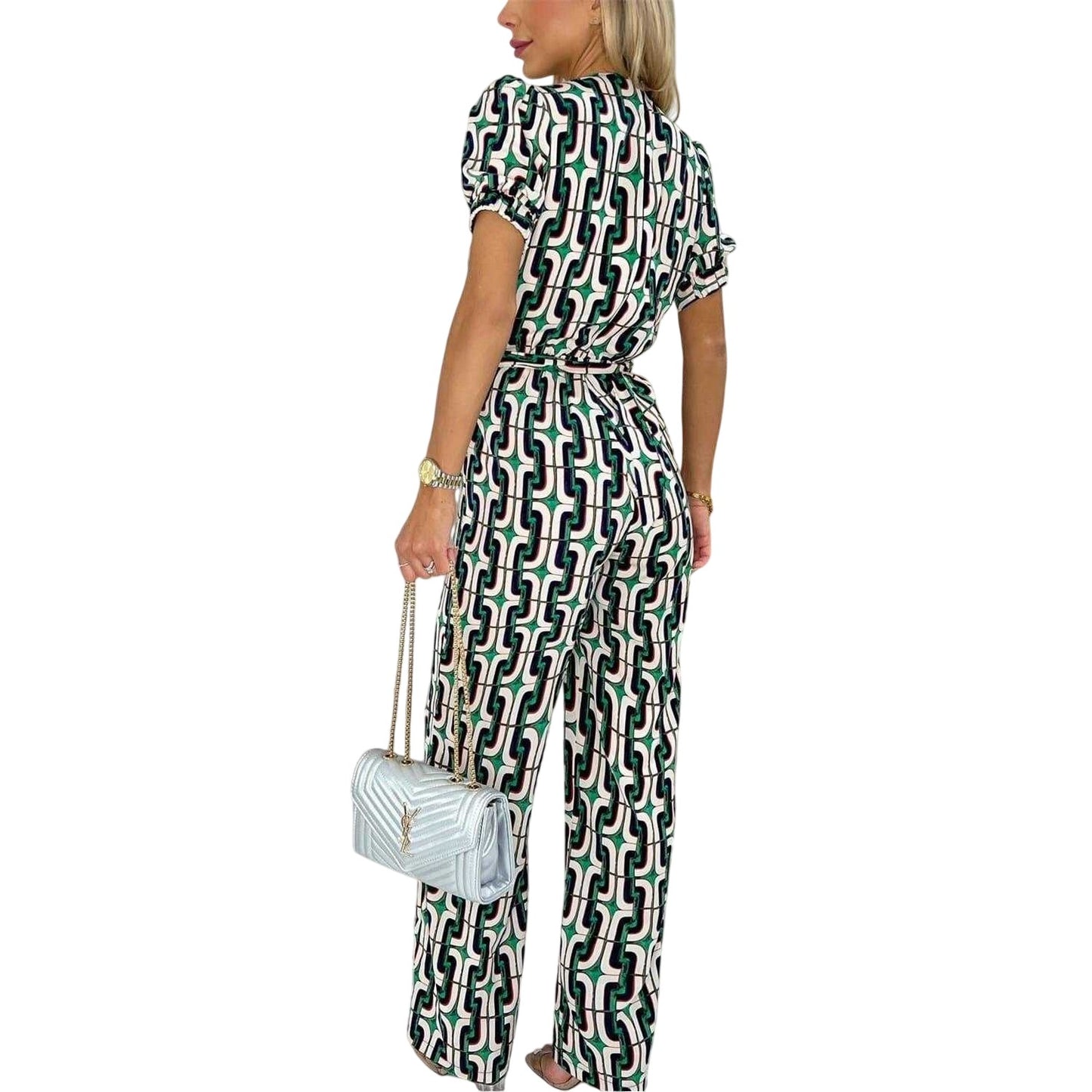 Multicoloured - Back - AX Paris Womens-Ladies Geometric Pattern Belted Jumpsuit