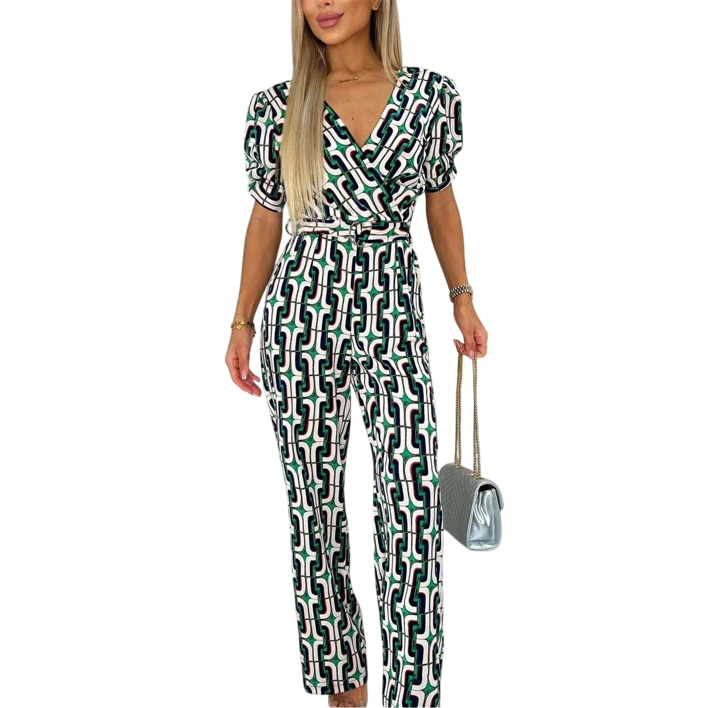 Multicoloured - Front - AX Paris Womens-Ladies Geometric Pattern Belted Jumpsuit