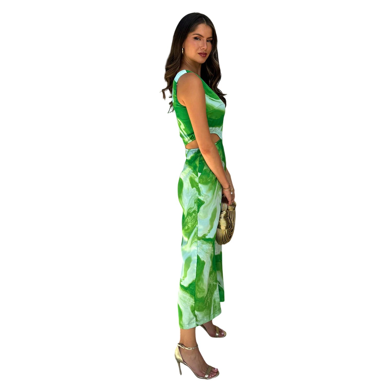 Green - Side - AX Paris Womens-Ladies Printed Cut Out Jumpsuit