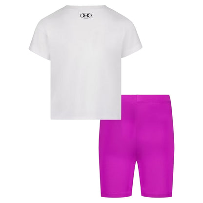 Pink-White - Back - Under Armour Childrens-Kids Short-Sleeved T-Shirt & Shorts Set