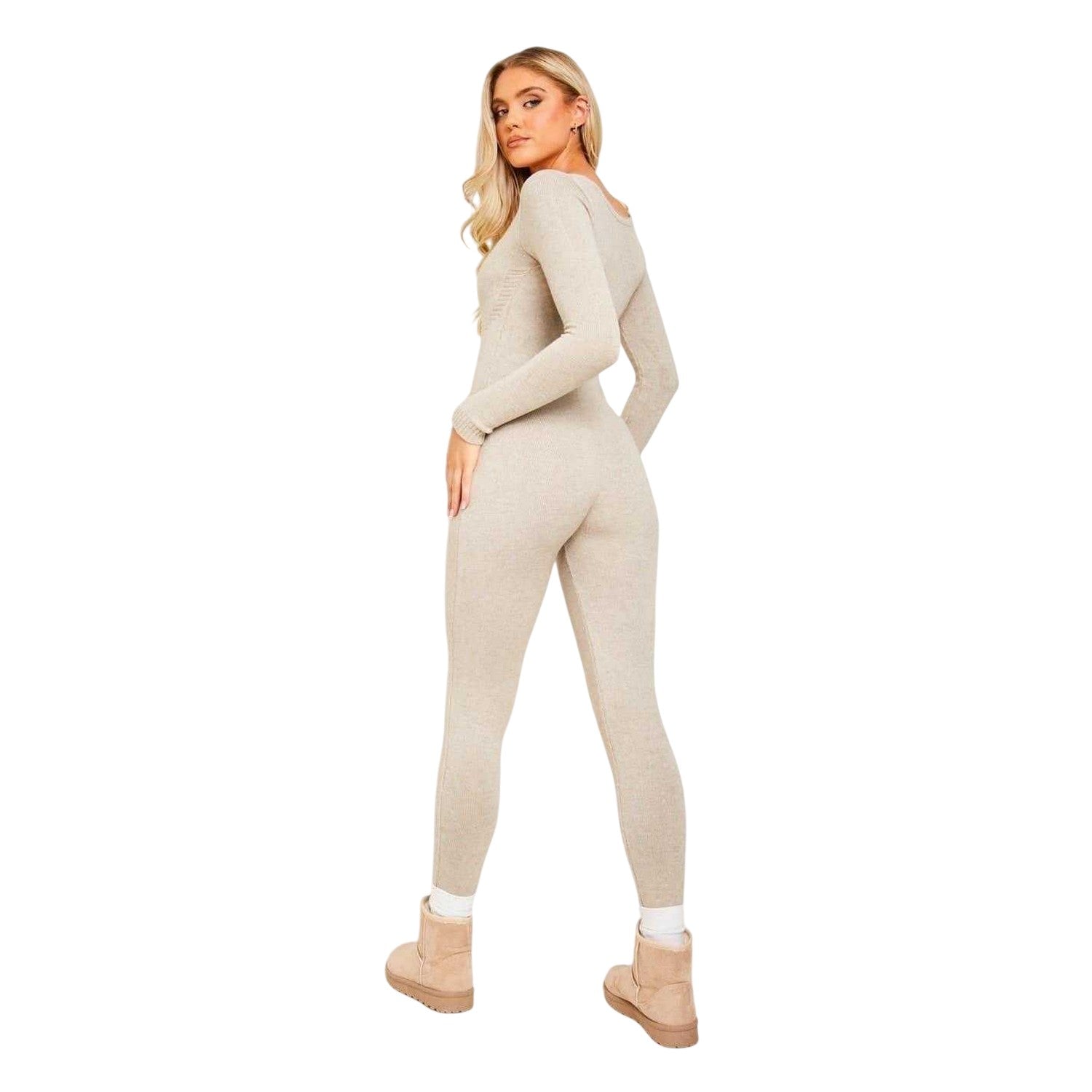 Oatmeal - Back - Missy Empire Womens-Ladies Knitted Long-Sleeved Jumpsuit