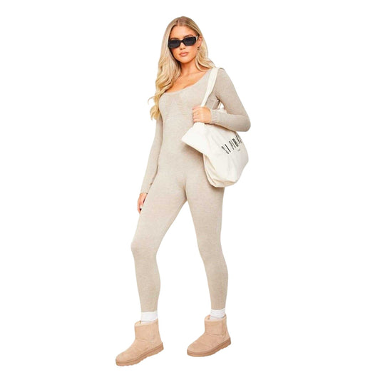 Oatmeal - Front - Missy Empire Womens-Ladies Knitted Long-Sleeved Jumpsuit