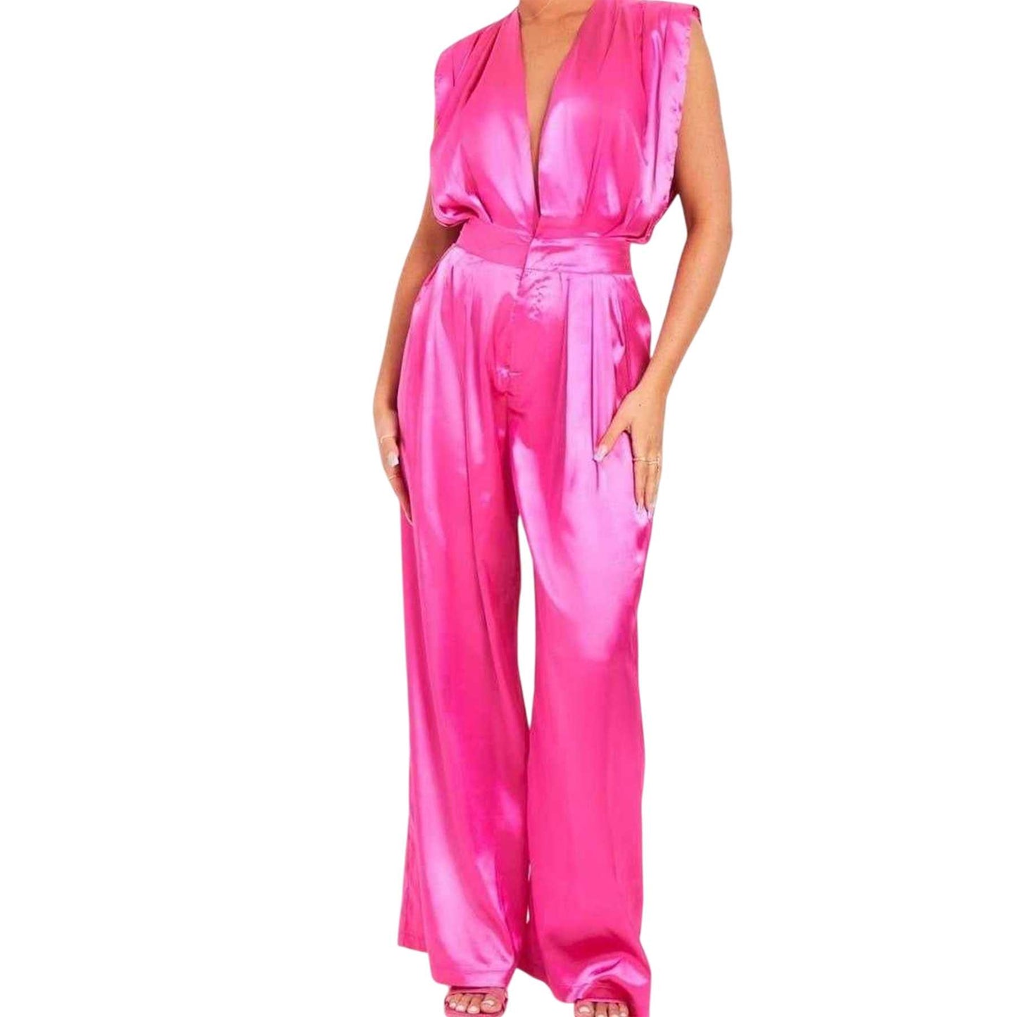 Pink - Side - Missy Empire Womens-Ladies Wide Leg Sleeveless Jumpsuit