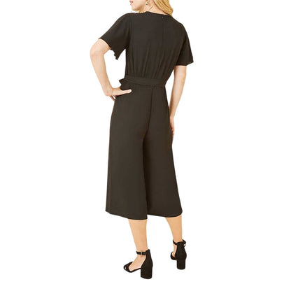 Black - Back - Mela London Womens-Ladies Cropped V Neck Angel Sleeve Jumpsuit
