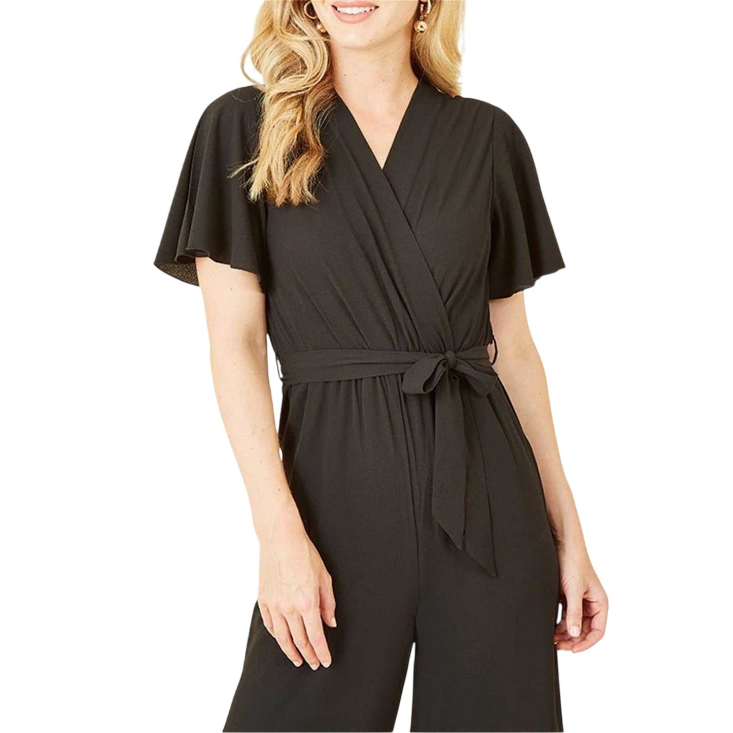 Black - Side - Mela London Womens-Ladies Cropped V Neck Angel Sleeve Jumpsuit