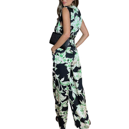 Black-Green - Back - AX Paris Womens-Ladies Floral V Neck Sleeveless Jumpsuit