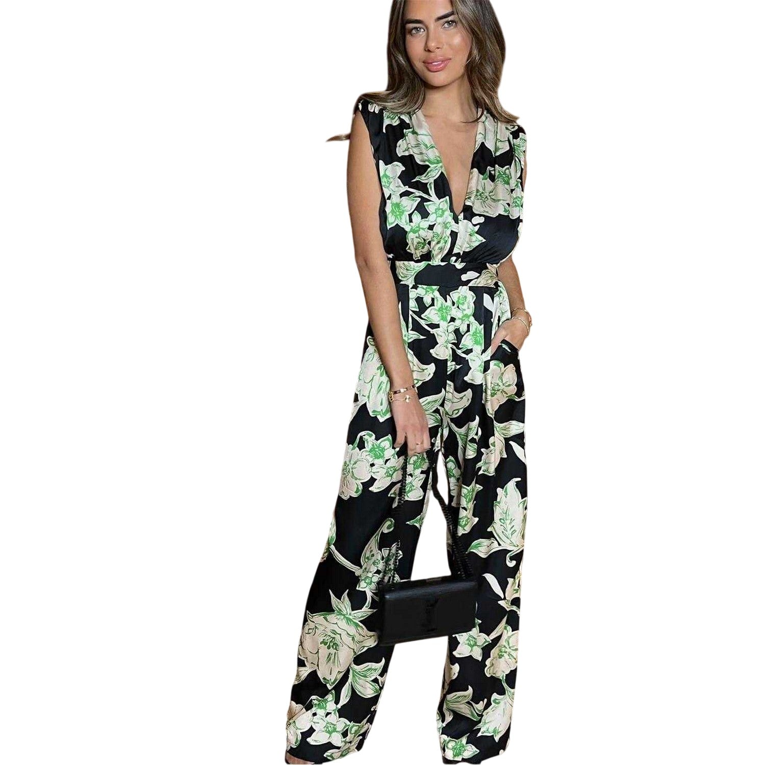 Black-Green - Side - AX Paris Womens-Ladies Floral V Neck Sleeveless Jumpsuit