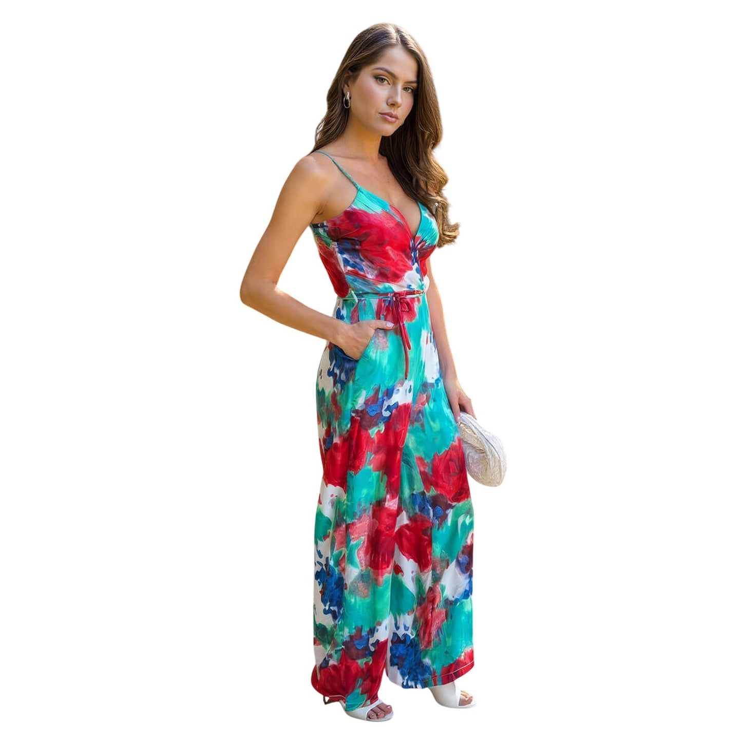 Multicoloured - Side - AX Paris Womens-Ladies Printed Waist Tie Spaghetti Strap Jumpsuit