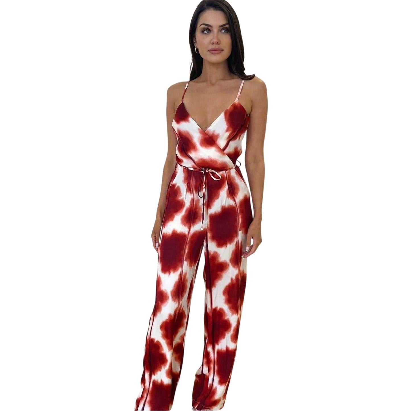 Rust - Front - AX Paris Womens-Ladies Printed Waist Tie Spaghetti Strap Jumpsuit