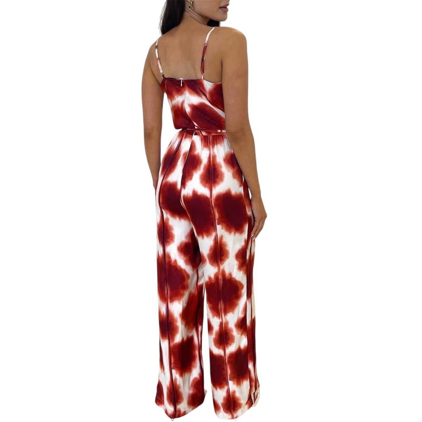 Rust - Back - AX Paris Womens-Ladies Printed Waist Tie Spaghetti Strap Jumpsuit