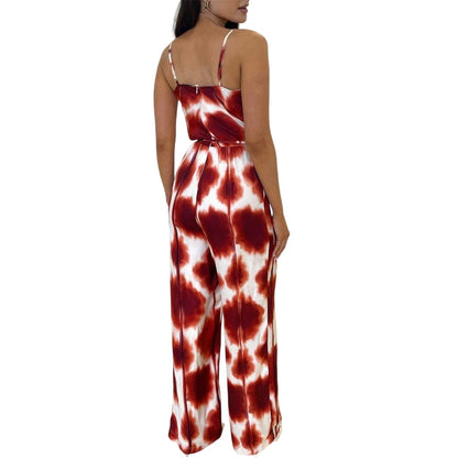 Rust - Back - AX Paris Womens-Ladies Printed Waist Tie Spaghetti Strap Jumpsuit