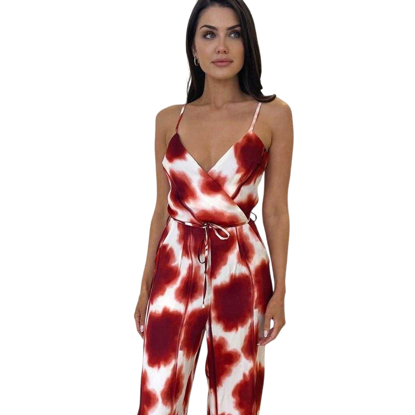 Rust - Side - AX Paris Womens-Ladies Printed Waist Tie Spaghetti Strap Jumpsuit