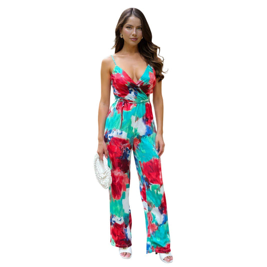 Multicoloured - Front - AX Paris Womens-Ladies Printed Waist Tie Spaghetti Strap Jumpsuit