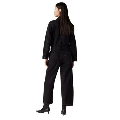 Black - Back - Levis Womens-Ladies Iconic Denim Collared Wide Leg Long-Sleeved Jumpsuit