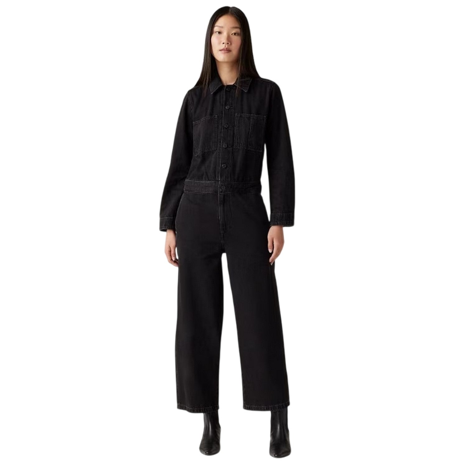 Black - Side - Levis Womens-Ladies Iconic Denim Collared Wide Leg Long-Sleeved Jumpsuit