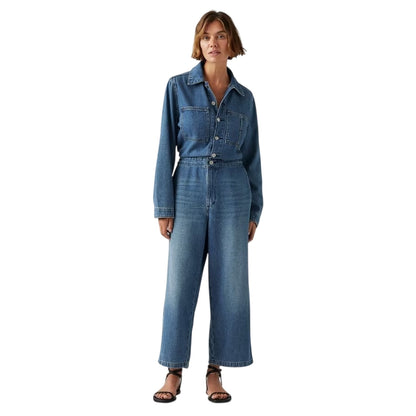 Linen - Side - Levis Womens-Ladies Iconic Denim Collared Wide Leg Long-Sleeved Jumpsuit