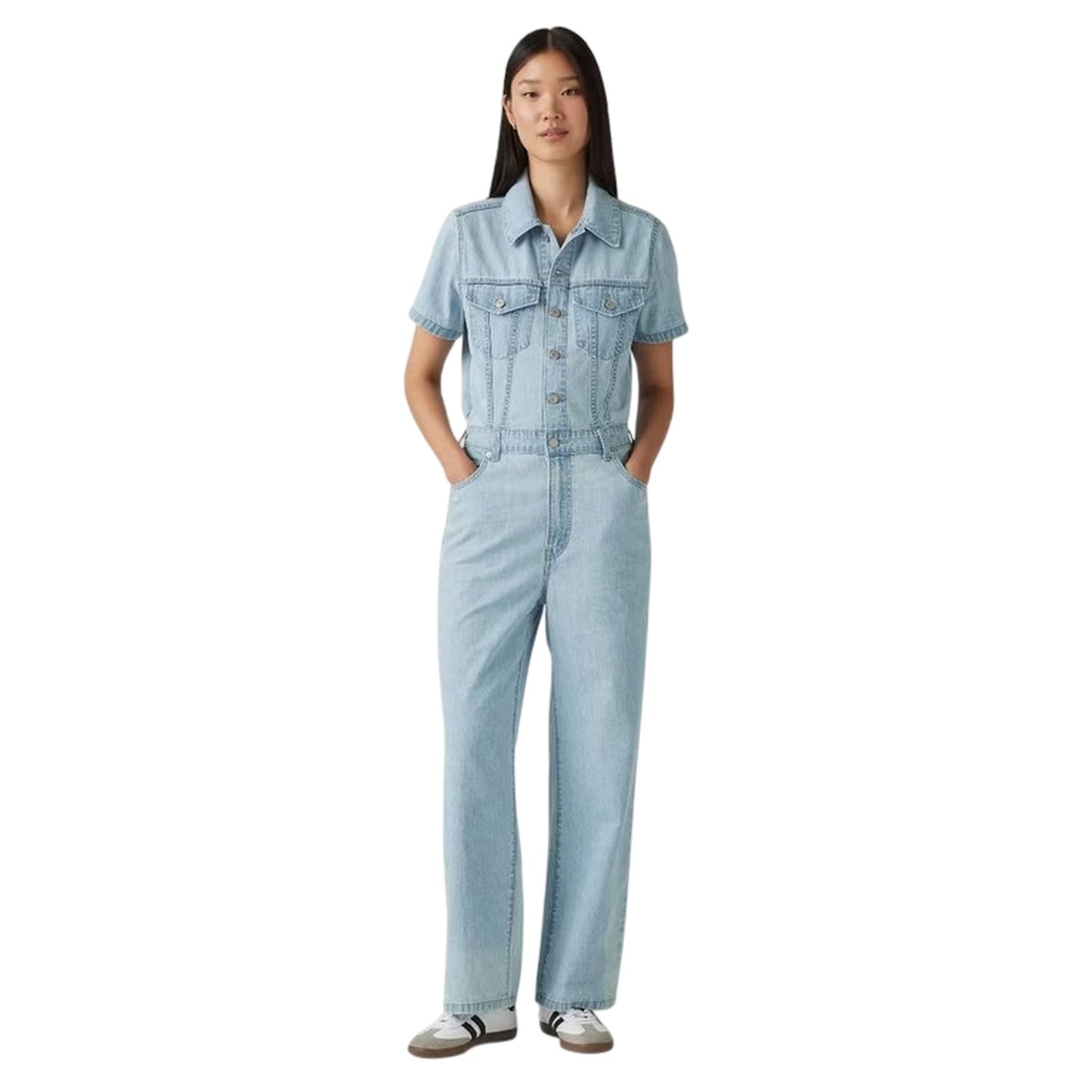 Blue - Side - Levis Womens-Ladies Denim Short-Sleeved Jumpsuit