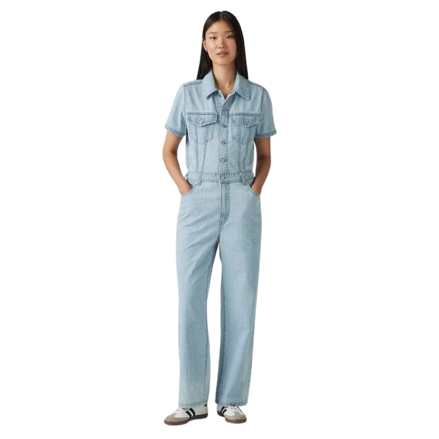 Blue - Side - Levis Womens-Ladies Denim Short-Sleeved Jumpsuit