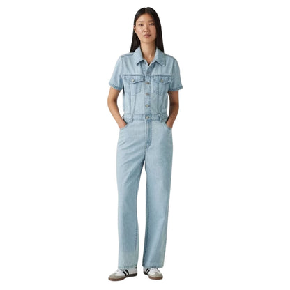 Blue - Side - Levis Womens-Ladies Denim Short-Sleeved Jumpsuit
