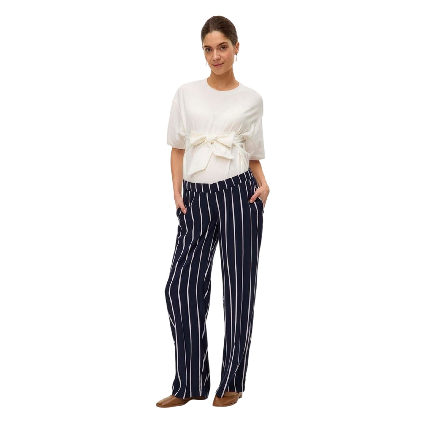 Dark Navy - Side - Mamalicious Womens-Ladies Vertical Stripe Wide Leg Maternity Trousers