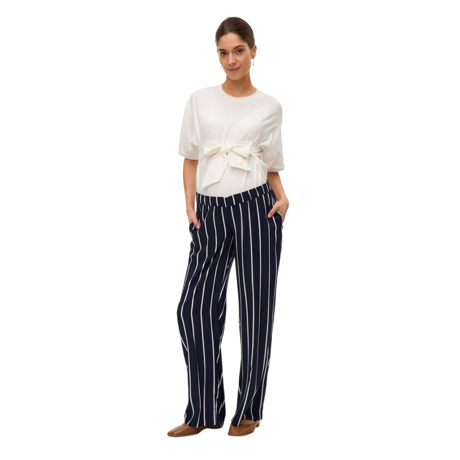 Dark Navy - Side - Mamalicious Womens-Ladies Vertical Stripe Wide Leg Maternity Trousers