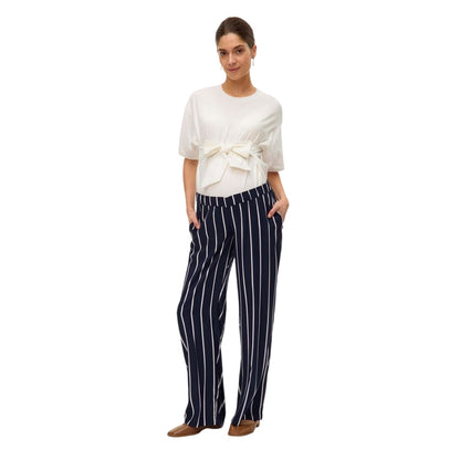 Dark Navy - Side - Mamalicious Womens-Ladies Vertical Stripe Wide Leg Maternity Trousers