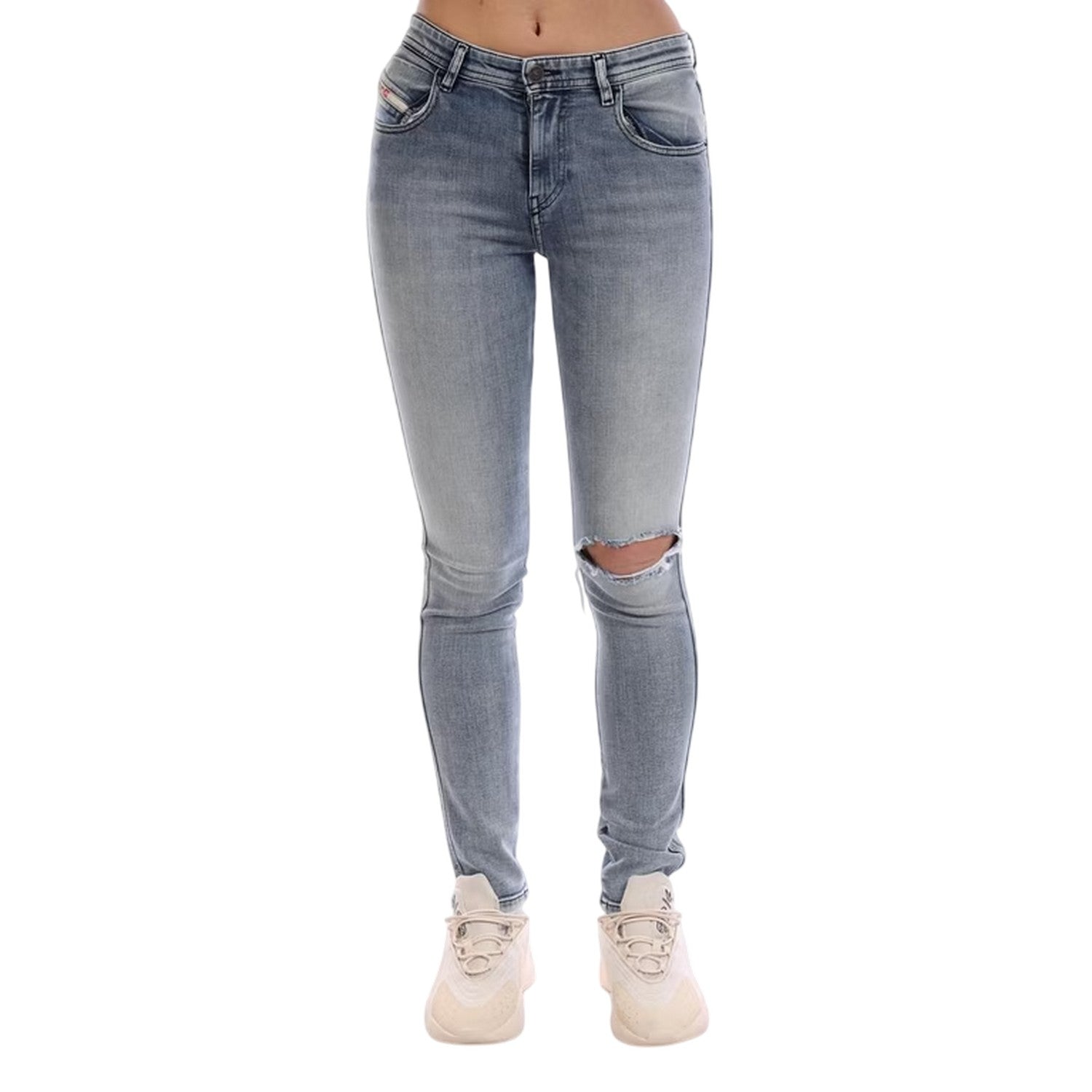 Blue Denim - Side - Diesel Womens-Ladies Denim 5 Pockets Straight Jeans
