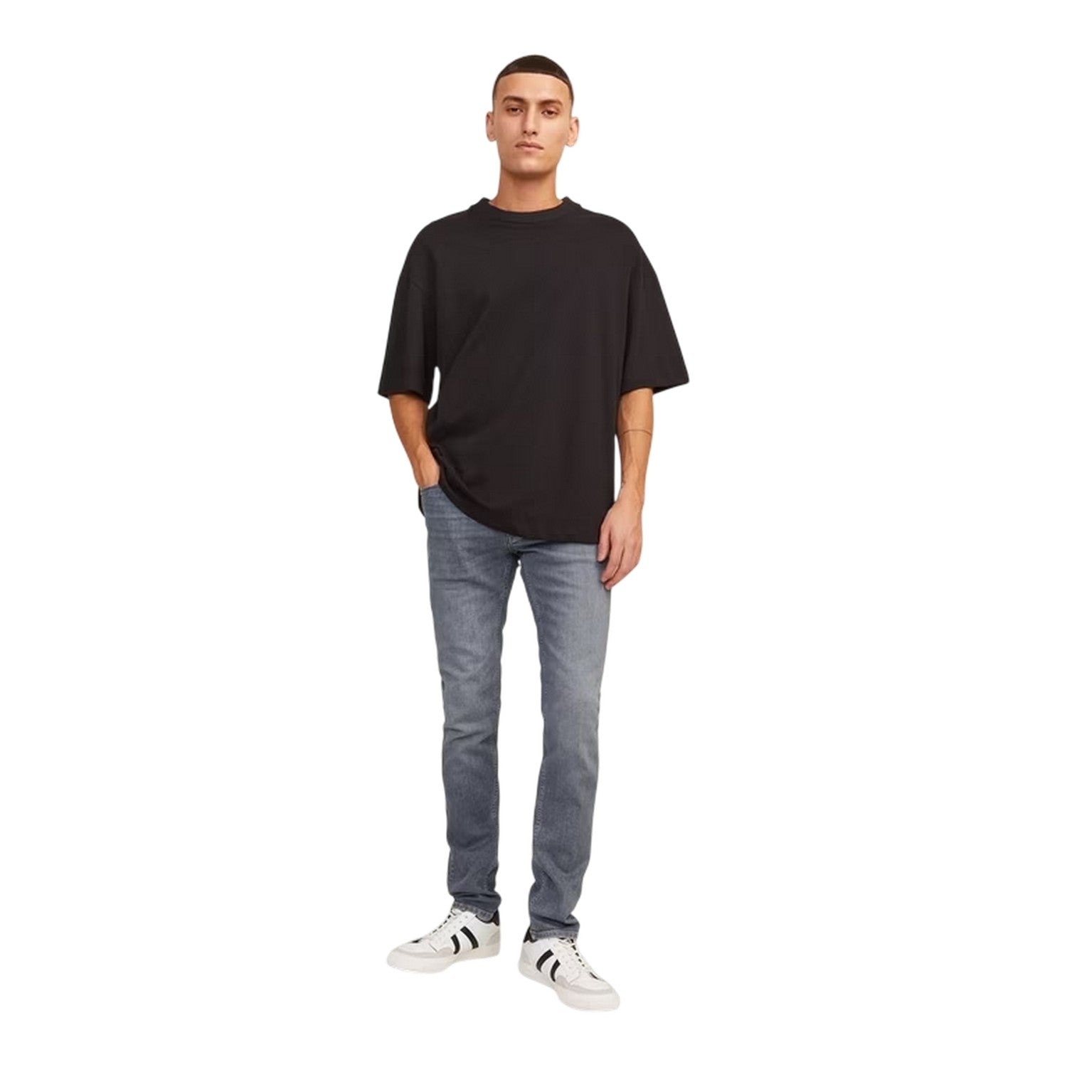 Grey Denim - Side - Jack And Jones Mens Liamevan 5 Pockets Slim Jeans