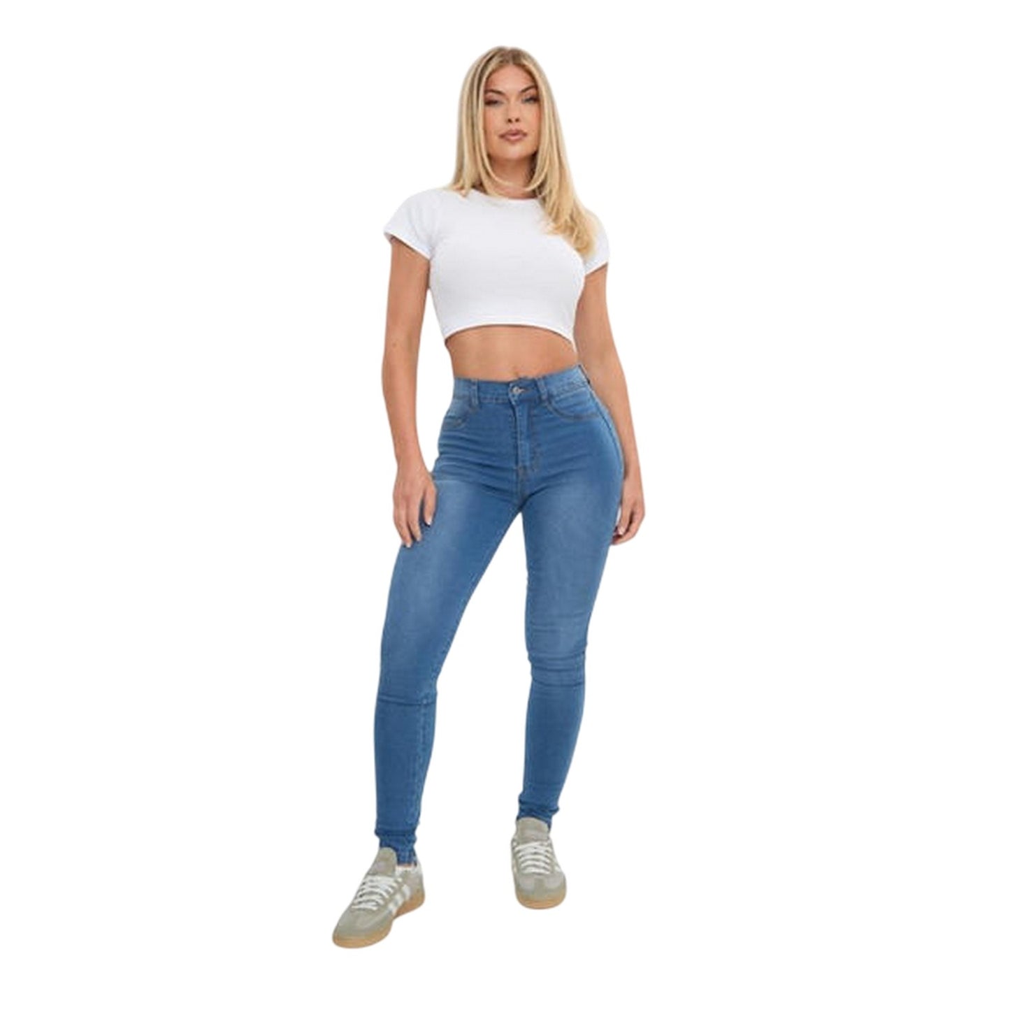 Mid Blue - Side - I Saw It First Womens-Ladies High Waist Skinny Jeans