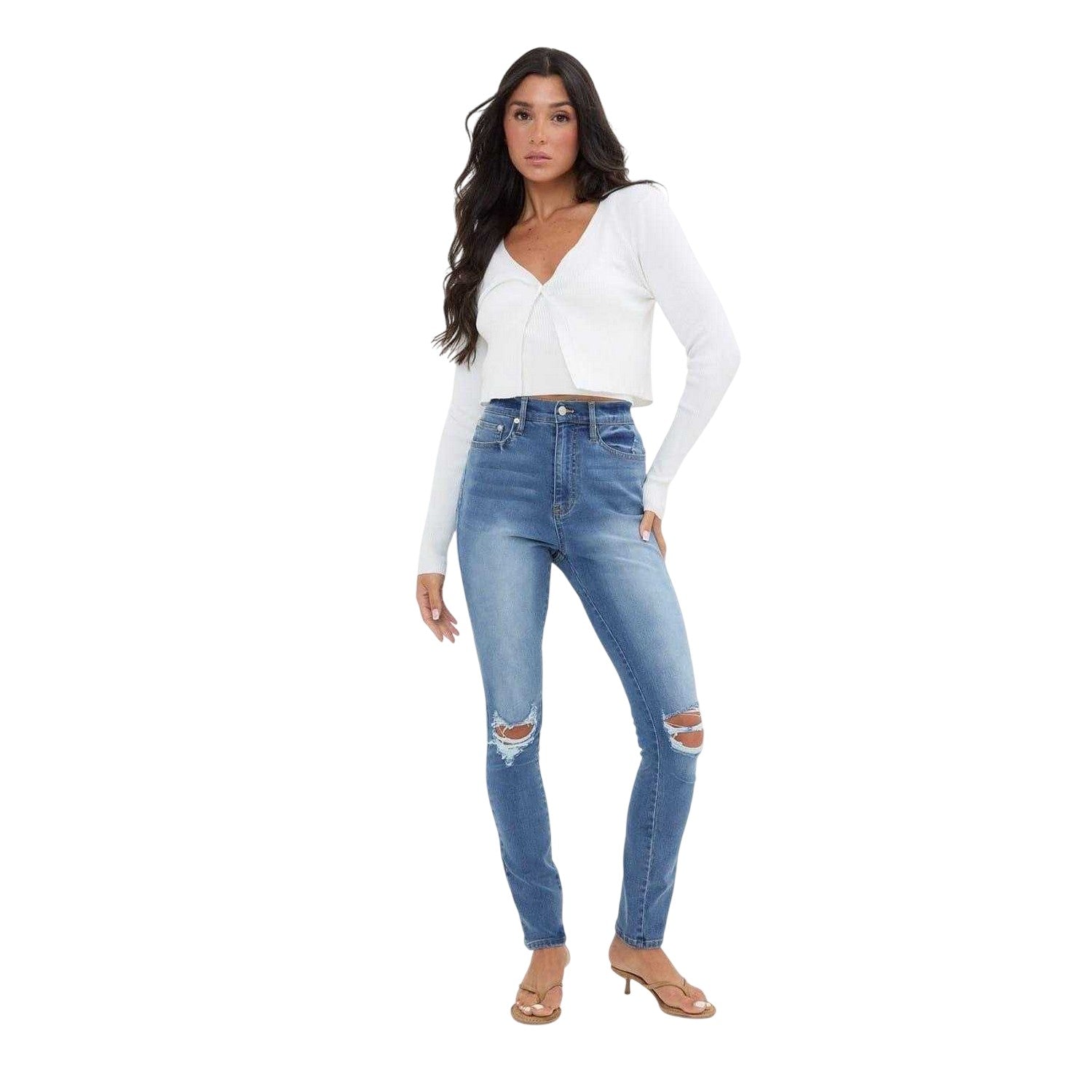 Mid Blue - Side - I Saw It First Womens-Ladies High Waist Skinny Jeans