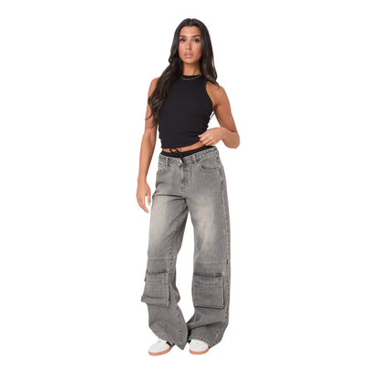 Grey - Side - I Saw It First Womens-Ladies High Waist Cargo Jeans