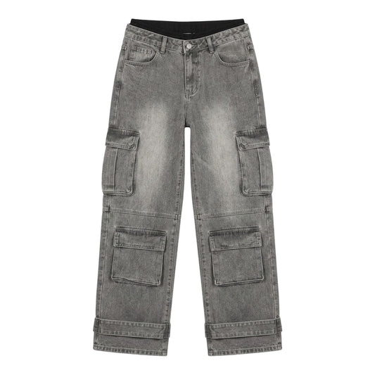 Grey - Front - I Saw It First Womens-Ladies High Waist Cargo Jeans