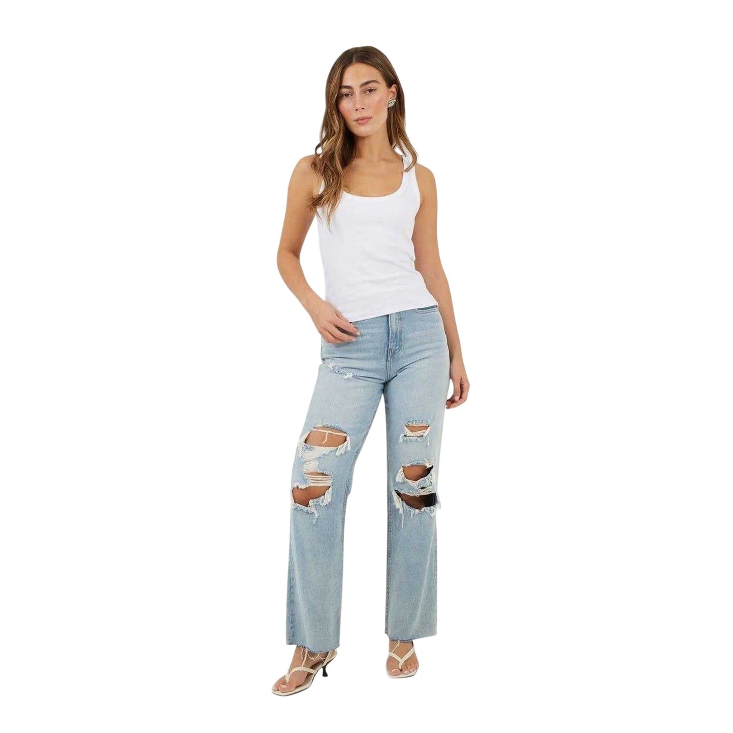 Pale Blue - Side - Brave Soul Womens-Ladies Distressed High Waist Wide Leg Jeans