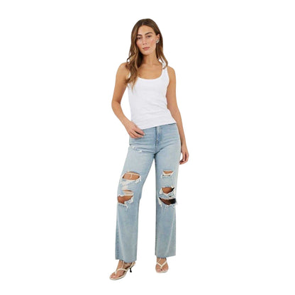 Pale Blue - Side - Brave Soul Womens-Ladies Distressed High Waist Wide Leg Jeans