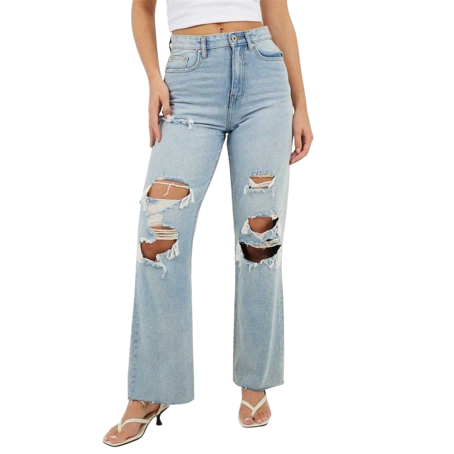 Pale Blue - Front - Brave Soul Womens-Ladies Distressed High Waist Wide Leg Jeans
