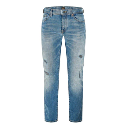 Navy - Front - Boss Mens Distressed 5 Pockets Slim Jeans