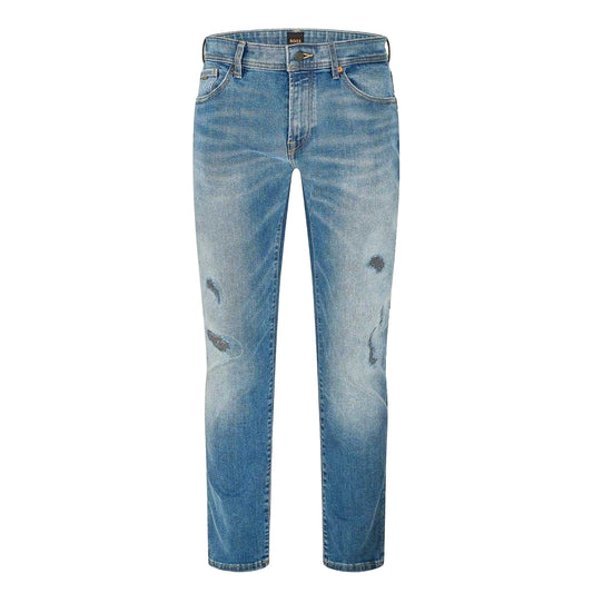Navy - Front - Boss Mens Distressed 5 Pockets Slim Jeans