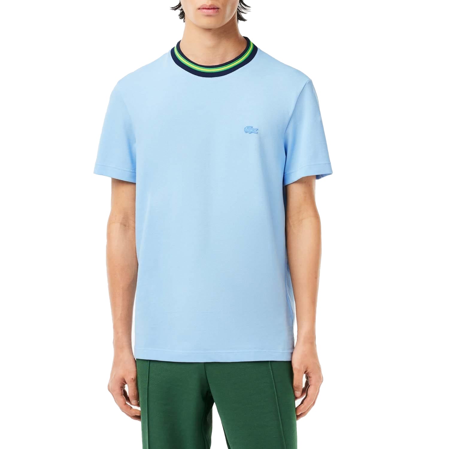 Blue - Close up - Lacoste Mens Stripe Pique Stretch T-Shirt