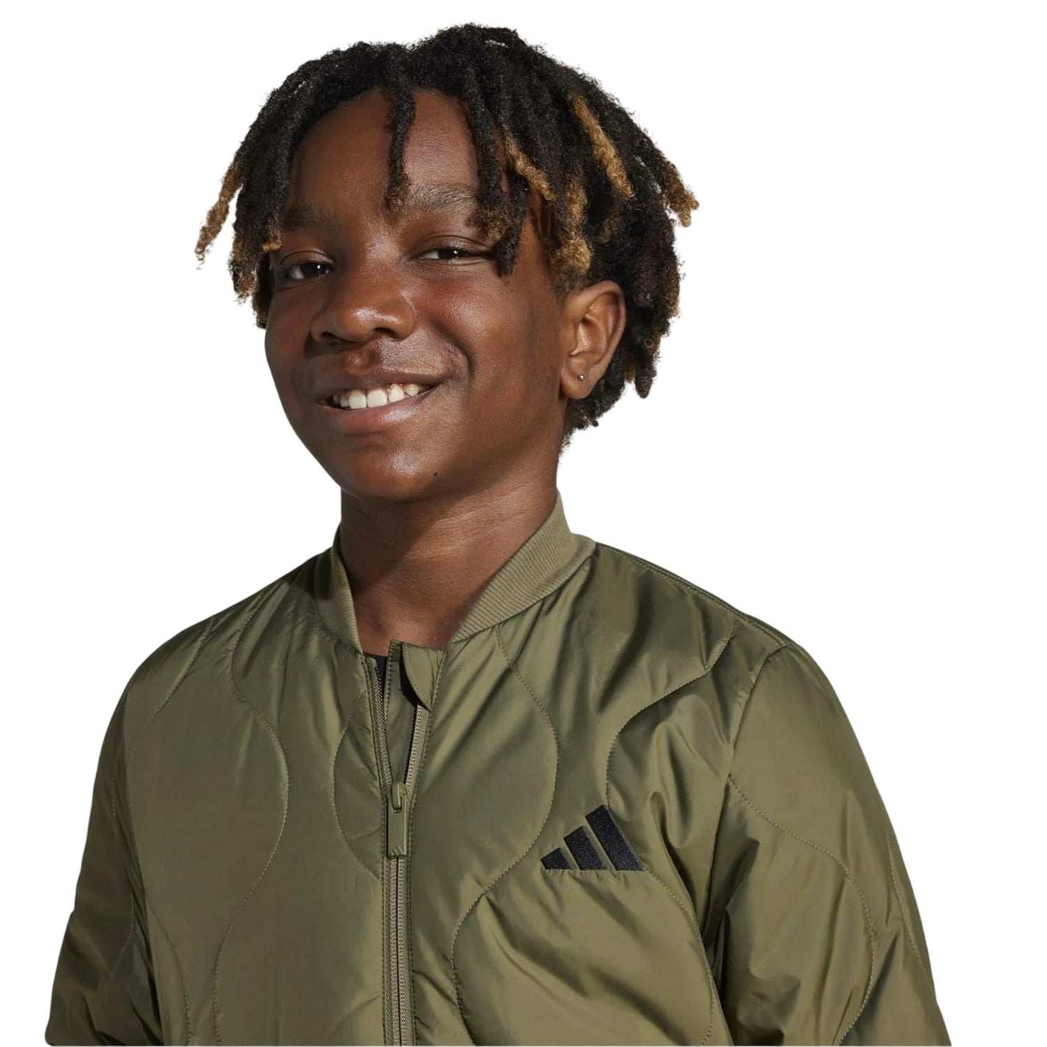 Olive-Black - Side - Adidas Childrens-Kids Textured Mock Neck Puffer Jacket