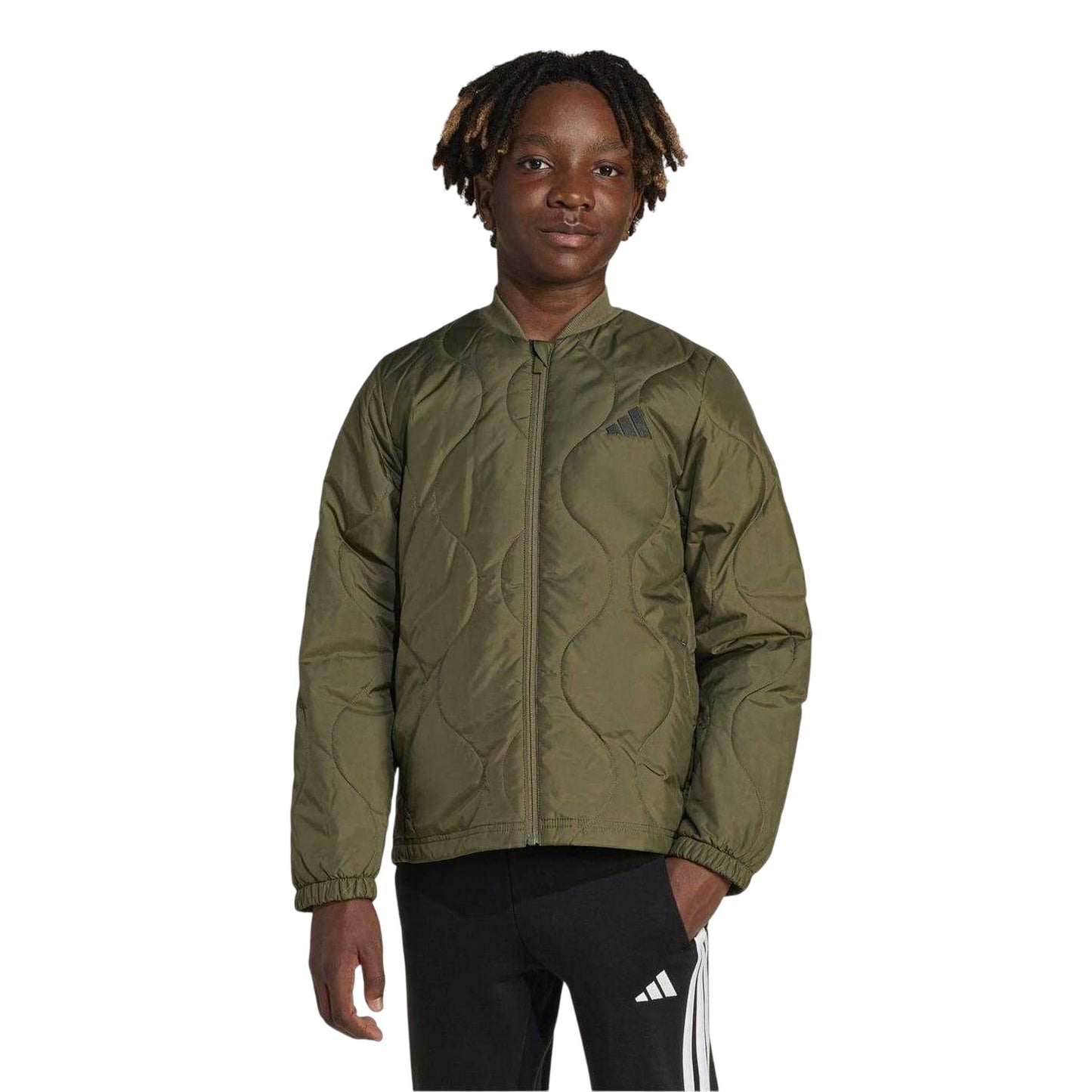 Olive-Black - Lifestyle - Adidas Childrens-Kids Textured Mock Neck Puffer Jacket