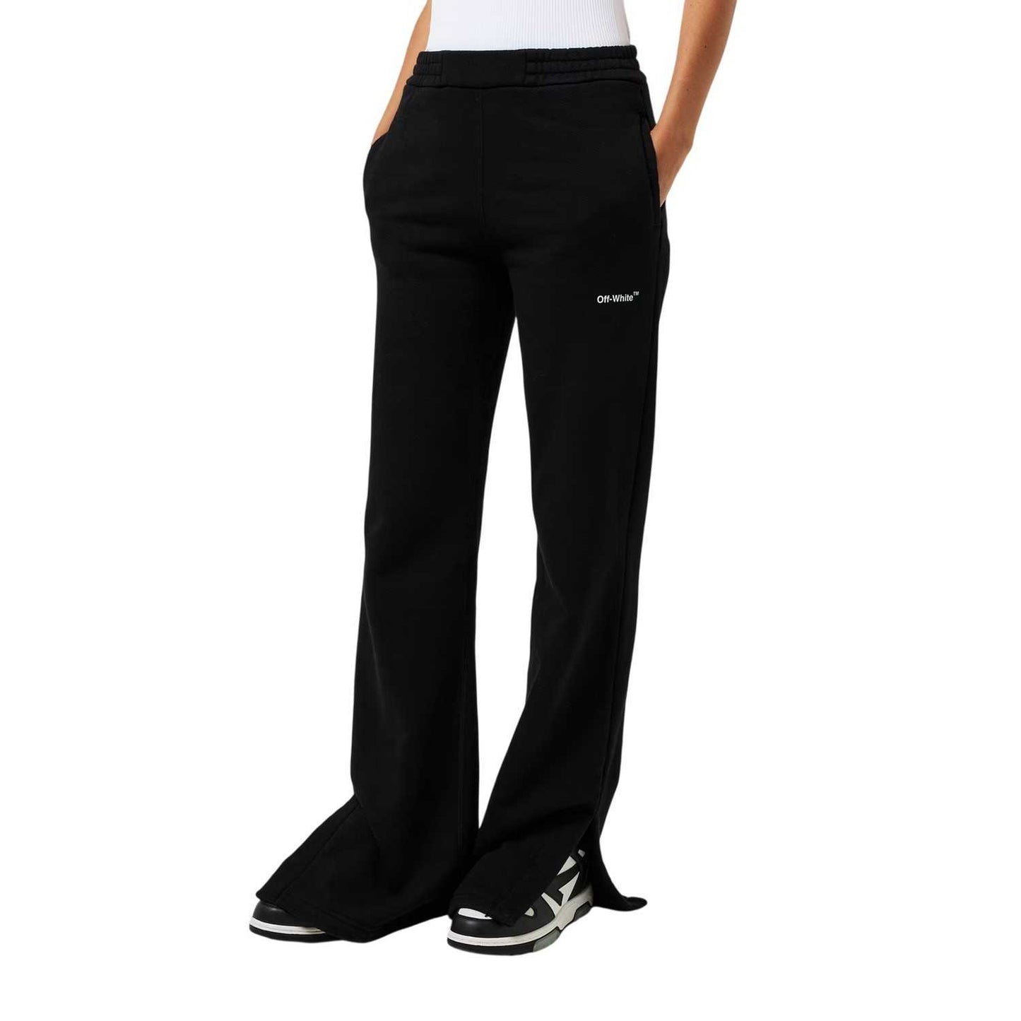 White-Black - Lifestyle - Off White Womens-Ladies Diagonal Logo Wide Leg Joggers