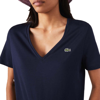 Blue - Side - Lacoste Womens-Ladies V Neck Loose Fit T-Shirt